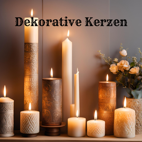 Dekorative Kerzen in verschiedenen Formen und Größen, umgeben von Blumen.