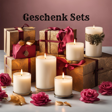 Geschenksets mit dekorativen Kerzen und liebevoll verpackten Geschenken.